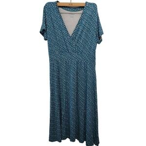 L.L. Bean Teal Geometric Print V Neck Short Sleeve Dress - Womens Medium
